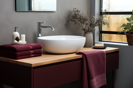 Interior of modern bathroom with dark brown walls, wooden floor, comfortable white bathtub with red towels and vessel sink standing on wooden countertop. 3d renderingの素材