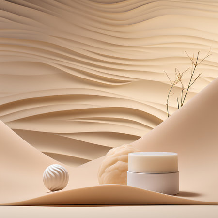 3d render of podium for product presentation in desert. Beige sand dune background.の素材