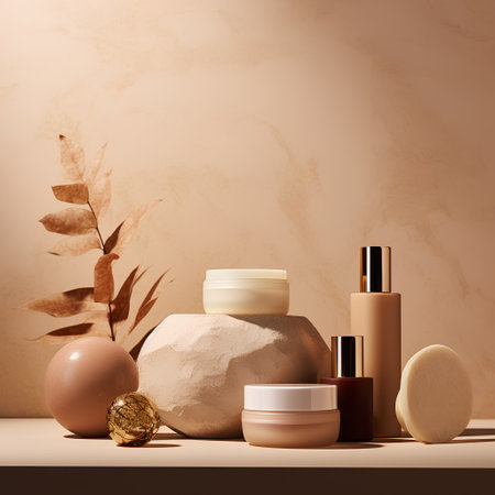 Cosmetic products on a beige background. 3d rendering.の素材