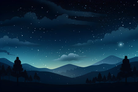 Night sky with stars and silhouette of mountains in the background. Vector illustration.の素材