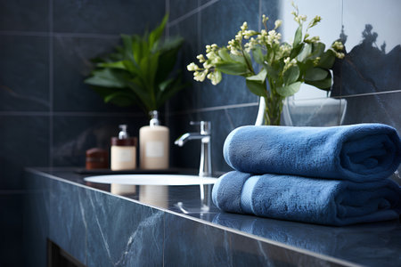 Blue towels on the countertop in the bathroom. Toned.の素材