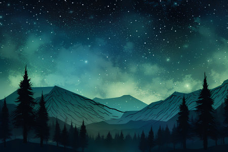 Mountain landscape with pine forest and starry sky. Vector illustration.の素材