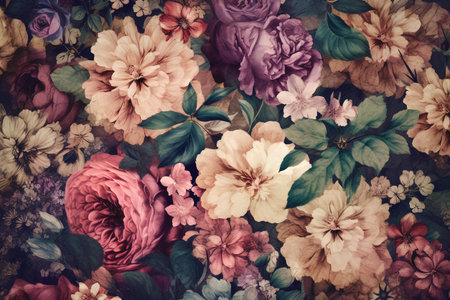 Vintage floral background with flowers and leaves, retro toned.の素材