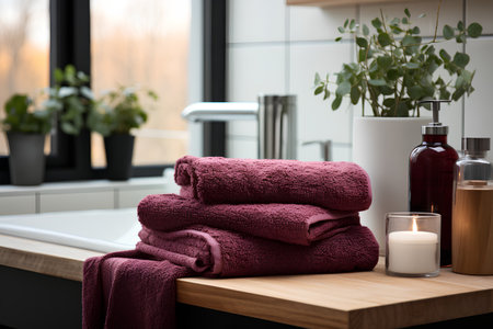 Stack of towels on a wooden countertop in a modern bathroom.の素材
