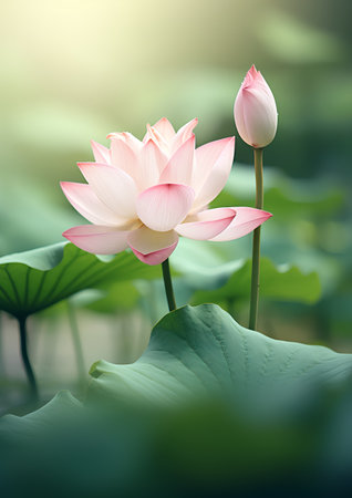 Beautiful pink lotus flower with green leaves in the pond.の素材