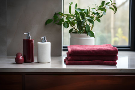 Red towels on the countertop in the bathroom. Toned.の素材