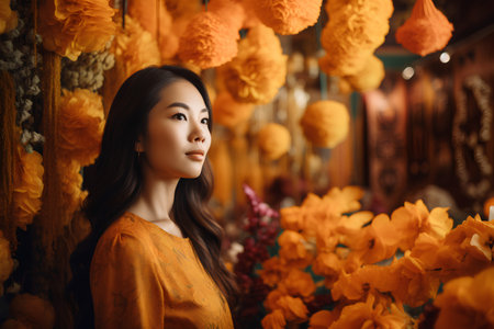 Portrait of a beautiful asian woman with orange dress in a flower shopの素材