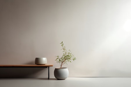 Minimalist interior with plant in pot on wooden shelf. 3d renderの素材