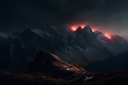 Fantasy landscape with mountains and stars in the night sky. 3d renderingの素材
