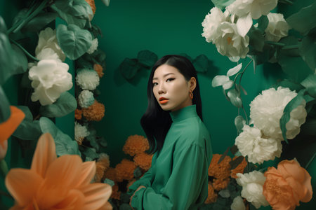 Beautiful asian woman in green dress and flowers on green backgroundの素材
