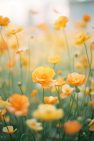 Beautiful yellow poppies in the meadow. Soft focus.の素材
