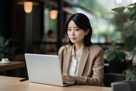 Beautiful businesswoman using laptop computer in coffee shop, asianの素材