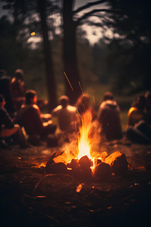 Bonfire in the forest at sunset. Camping concept background.の素材