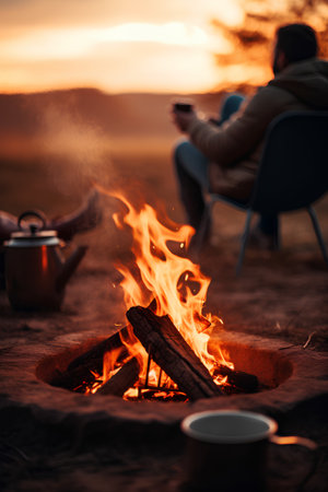 Camping in the mountains. A couple sits by the fire and drinks coffee.の素材