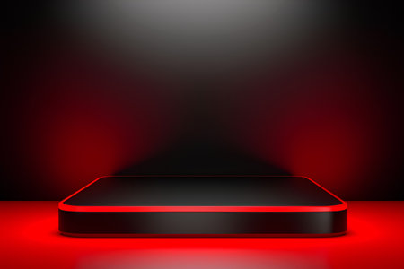 Black podium on red background. 3d rendering, 3d illustration.の素材