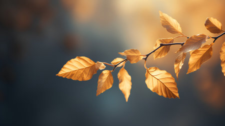 Autumnal tree branch with yellow leaves on blurred background. Nature backgroundの素材