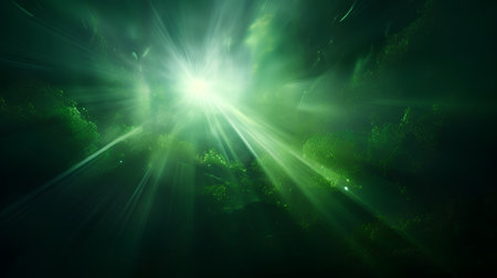 Abstract green background with light rays in the center. 3D renderingの素材