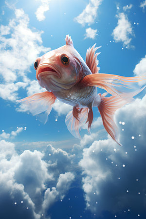 3d rendering of a goldfish swimming in the blue sky with cloudsの素材