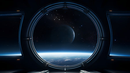 Window view of the planet Earth from a space station. 3D renderingの素材