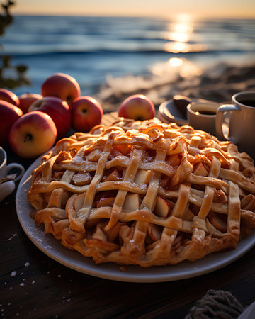 Apple pie with a cup of coffee on the beach at sunset.の素材