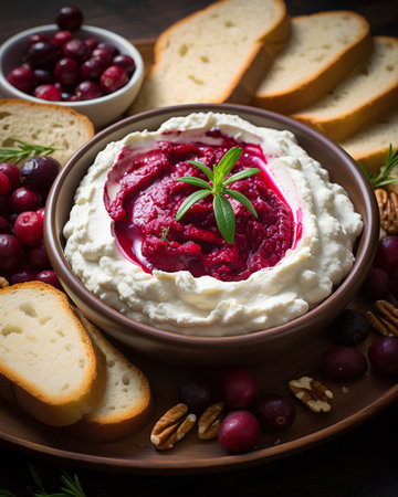 Cottage cheese with cranberries and pecan nuts on wooden backgroundの素材