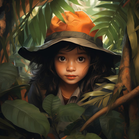 3d rendering of a young woman in a hat with a long black hair in the jungle.の素材