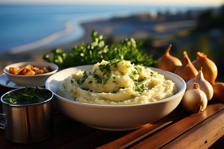 Mashed potatoes with herbs in a white bowl on a wooden table.の素材