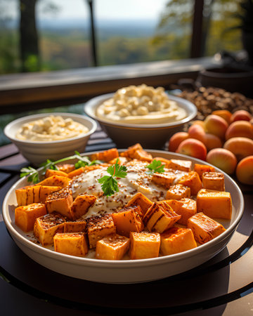 Pumpkin baked with cheese and sour cream on a wooden tableの素材