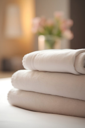 Towels on the bed in the hotel room. Selective focus.の素材
