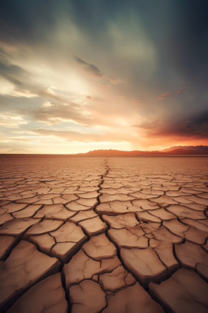 Dry cracked earth at sunset. Global warming and climate change conceptの素材