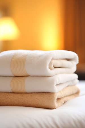 Stack of clean towels on bed in hotel room, close-upの素材