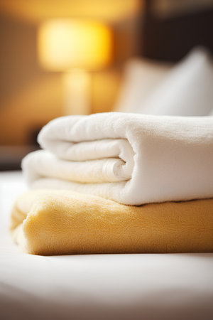 Closeup of a stack of clean towels on a bed in a hotel roomの素材