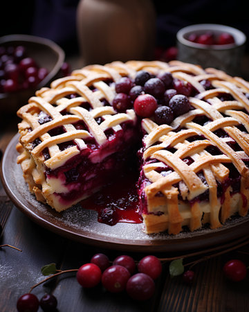 Homemade cherry pie with fresh berries on a wooden background. Selective focus.の素材