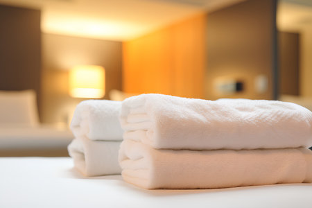 White towels on the bed in the hotel room. 3d renderingの素材