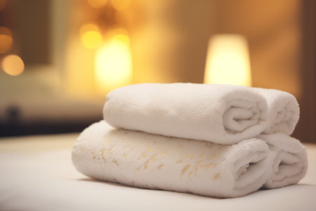 Towels in a spa resort. Close-up, selective focus.の素材