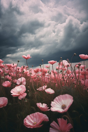 Field of pink poppies with dark stormy sky. Toned.