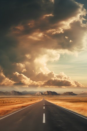 Road in the desert with dramatic clouds. 3D Rendering.の素材