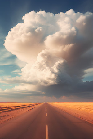 Asphalt road and clouds in the sky. 3d rendering.の素材