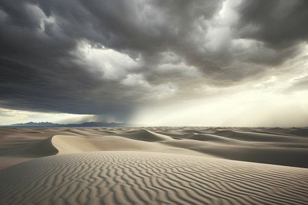 Desert dunes with stormy clouds and rays of light.の素材
