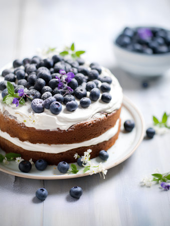Homemade blueberry cake with whipped cream and fresh berries, selective focusの素材