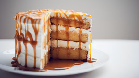 Coffee cake with caramel sauce on white plate, vintage styleの素材
