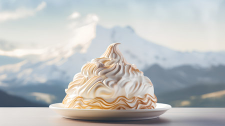 Creamy vanilla ice cream on a white plate with mountains in the backgroundの素材