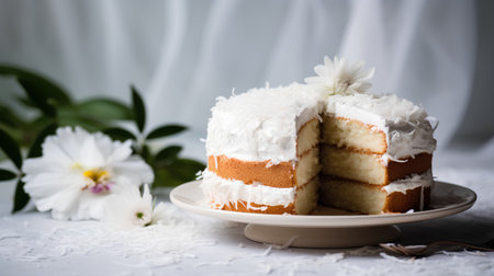 Coconut cake on a plate on a white background with flowersの素材