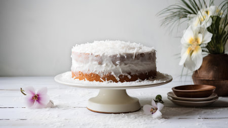 Coconut cake with flowers on a white background. Selective focus.の素材