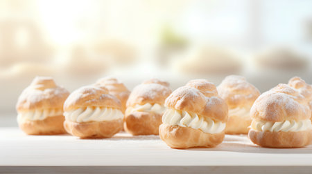 Eclairs with cream on a white wooden table, shallow depth of fieldの素材