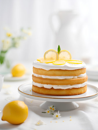 Lemon cake with whipped cream and fresh lemons on a light backgroundの素材