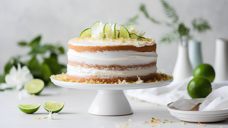 Lime cake with cream and zucchini on a white backgroundの素材