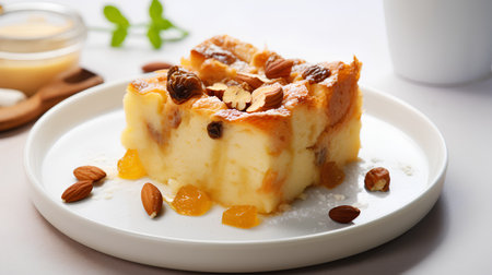 Cottage cheese casserole with raisins and almonds, squareの素材