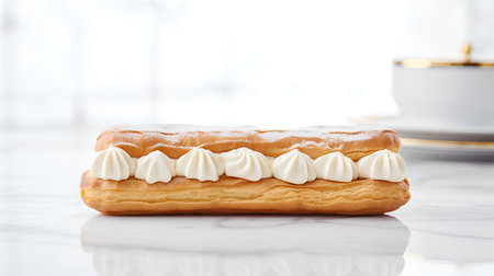 Eclair with cream on a white marble table. Selective focus.の素材