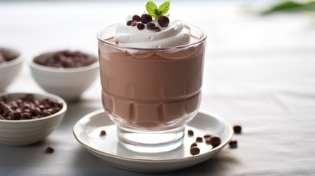 chocolate mousse with whipped cream in a glass, selective focusの素材
